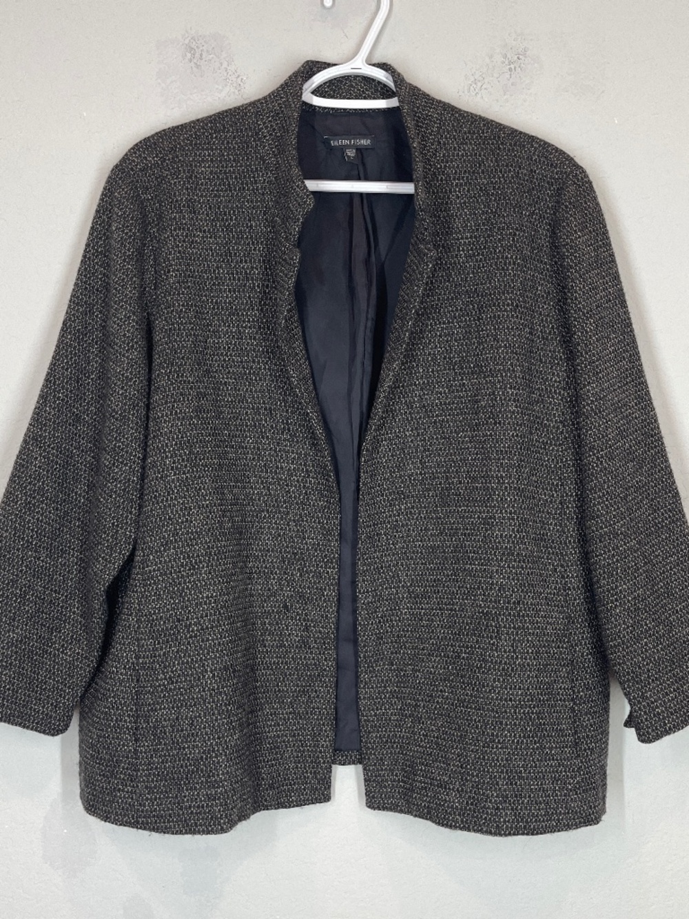 Eileen Fisher Jacket Blazer Women's L Black Gray Wool Blend Textured Tweed